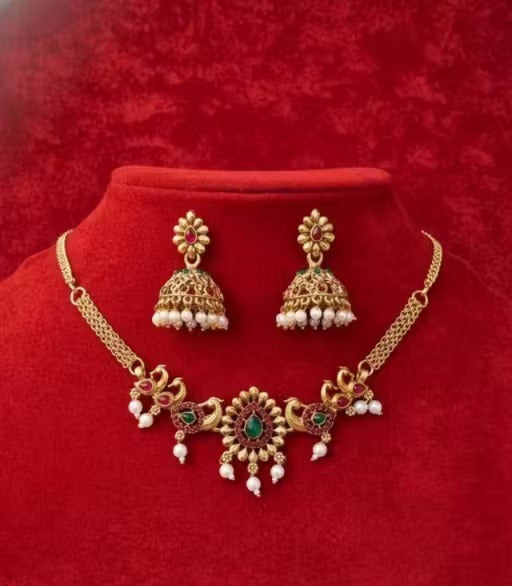 Elegant Temple Necklace Set with Jhumka Earrings