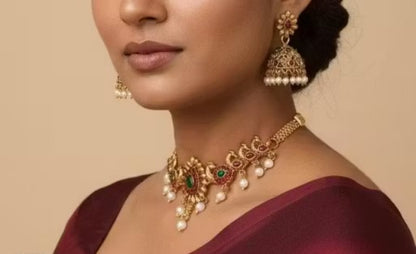 Elegant Temple Necklace Set with Jhumka Earrings
