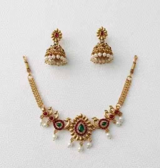 Elegant Temple Necklace Set with Jhumka Earrings