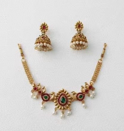 Elegant Temple Necklace Set with Jhumka Earrings