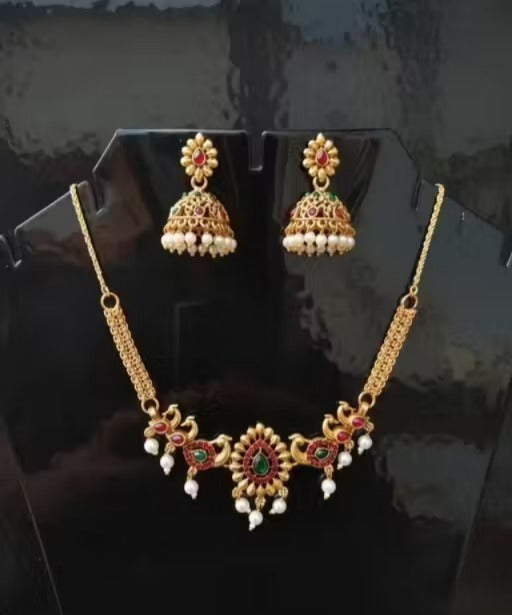 Elegant Temple Necklace Set with Jhumka Earrings